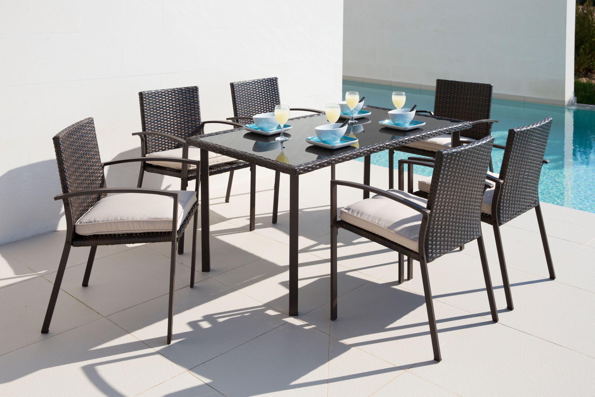 13-tgl. Gartenmöbelset »Victoria«, 6 Sessel, Tisch 150x80 cm, Polyrattan, braun