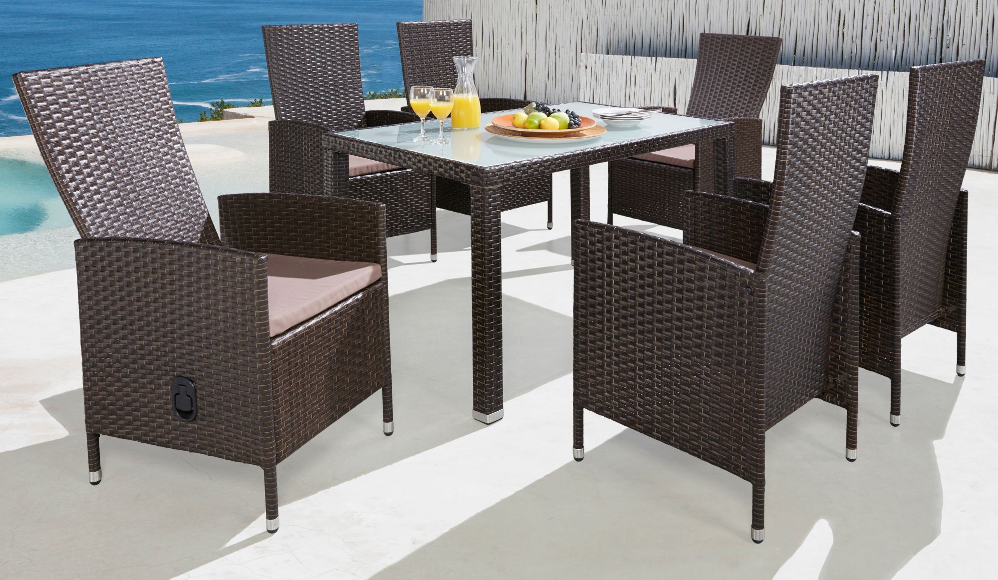 13-tgl. Gartenmöbelset »Ibiza«, 6 Sessel, Tisch 140x80 cm, Polyrattan, braun