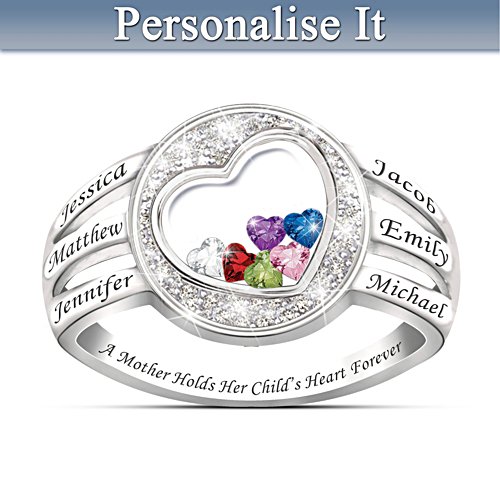A Mother Holds Her Child's Heart Birthstone Ring With Names