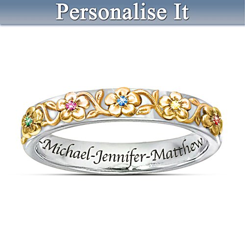 "Family Grows With Love" Name-Engraved Birthstone Ring