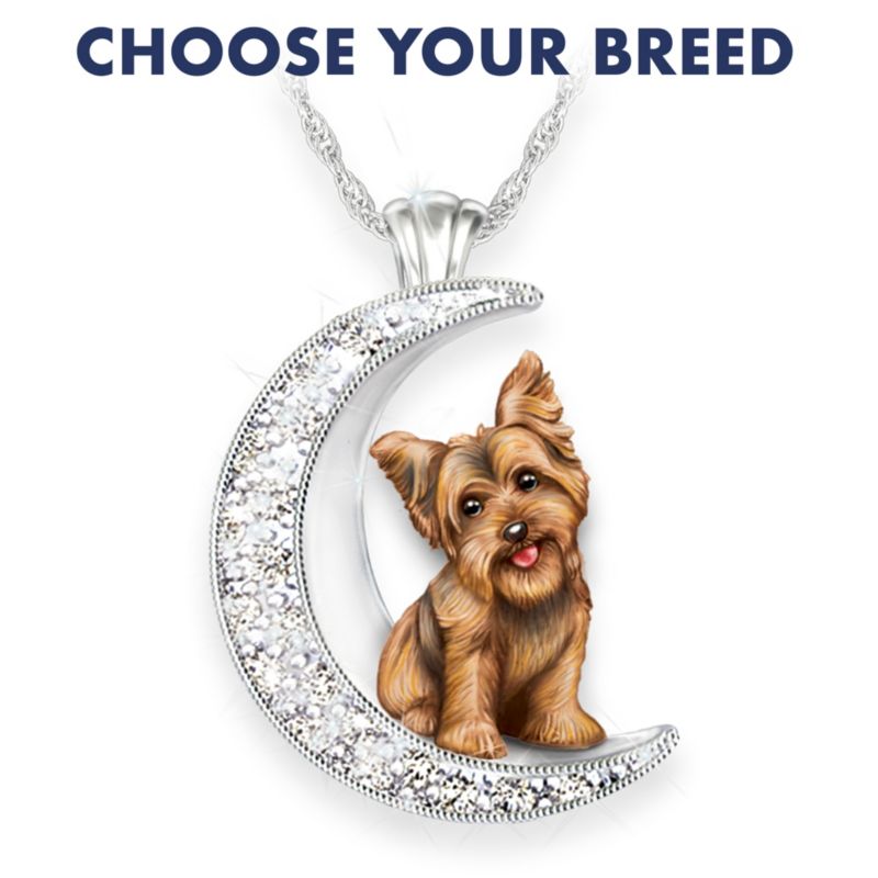 Dog And Crystal Moon Pendant Necklace: Choose Your Breed