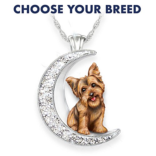 Dog And Crystal Moon Pendant Necklace: Choose Your Breed