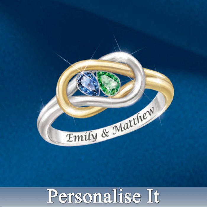 Lovers Knot Name Engraved Romantic Birthstone Ring