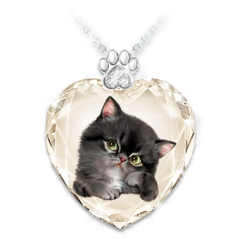 Kayomi Harai "Sassy Cat"  Faceted Glass Heart Pendant Set