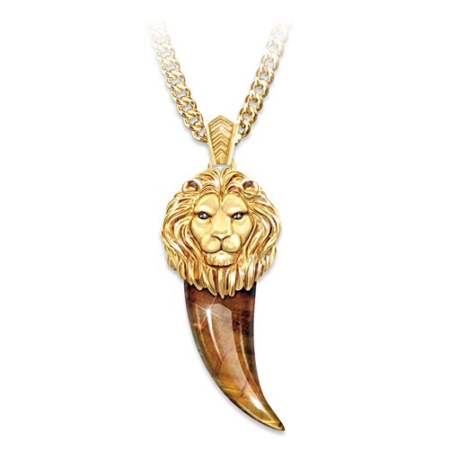 Men's Lion Pendant Ion Plated In 24K Gold With Tiger's Eye