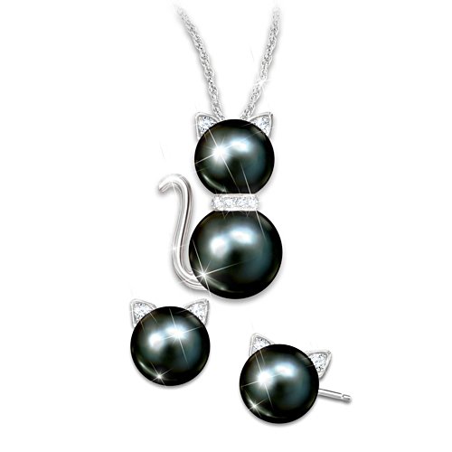 'Purrfect Cat' Black Freshwater Pearl Pendant & Earrings Set