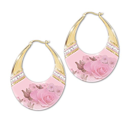 'Blush Of Beauty' Hoop Earrings With Rose Art And Crystals