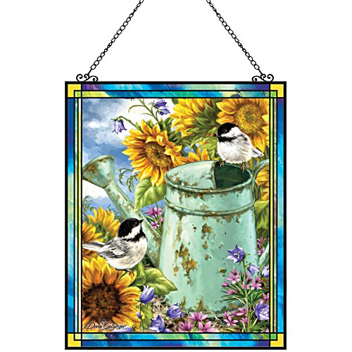 Sunflower Chickadees Stained Glass Suncatcher