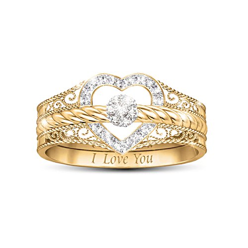 "I Love You" 18K-Gold Plated Diamond Stacking Ring Set