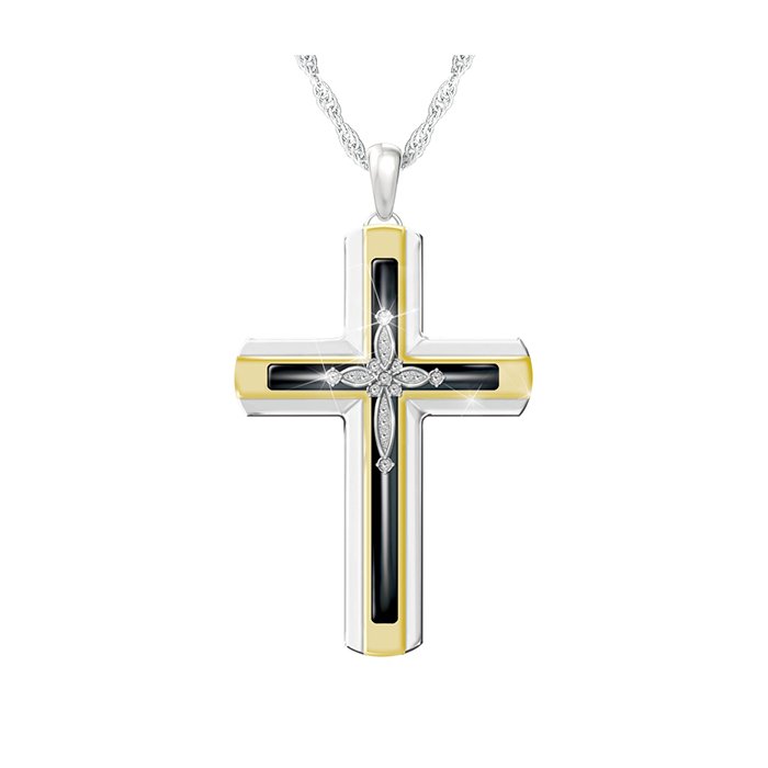 Faith Religion Solid Sterling Silver 18-Carat Gold-Plated Diamond Onyx  Ladies' Pendant Necklace: 'Forever Blessed And Protected' Diamond Cross  Pendant