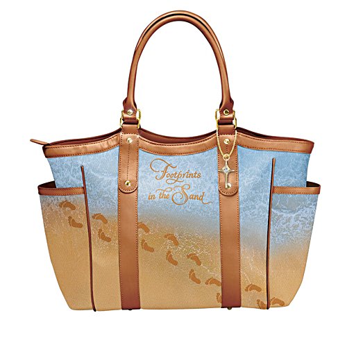 "Footprints In The Sand" Shoulder Tote Bag With Cross Charm
