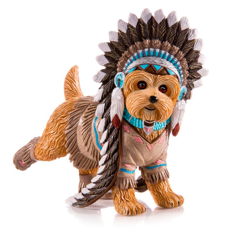 Kicking Cat Native American Yorkie Figurine