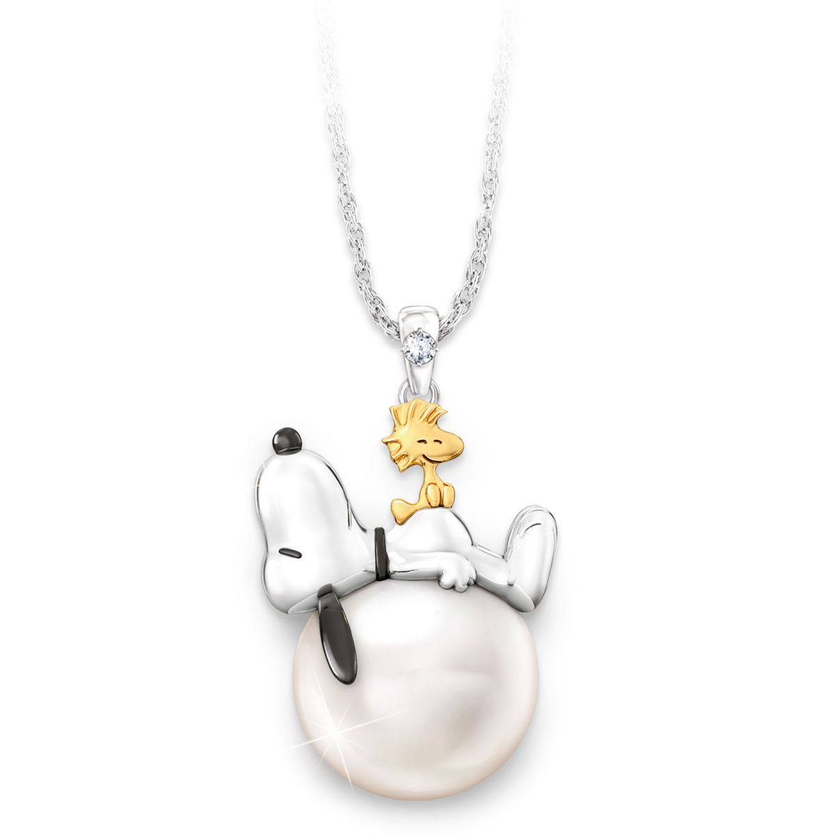 PEANUTS Snoopy And Woodstock Shell Pearl Pendant Necklace