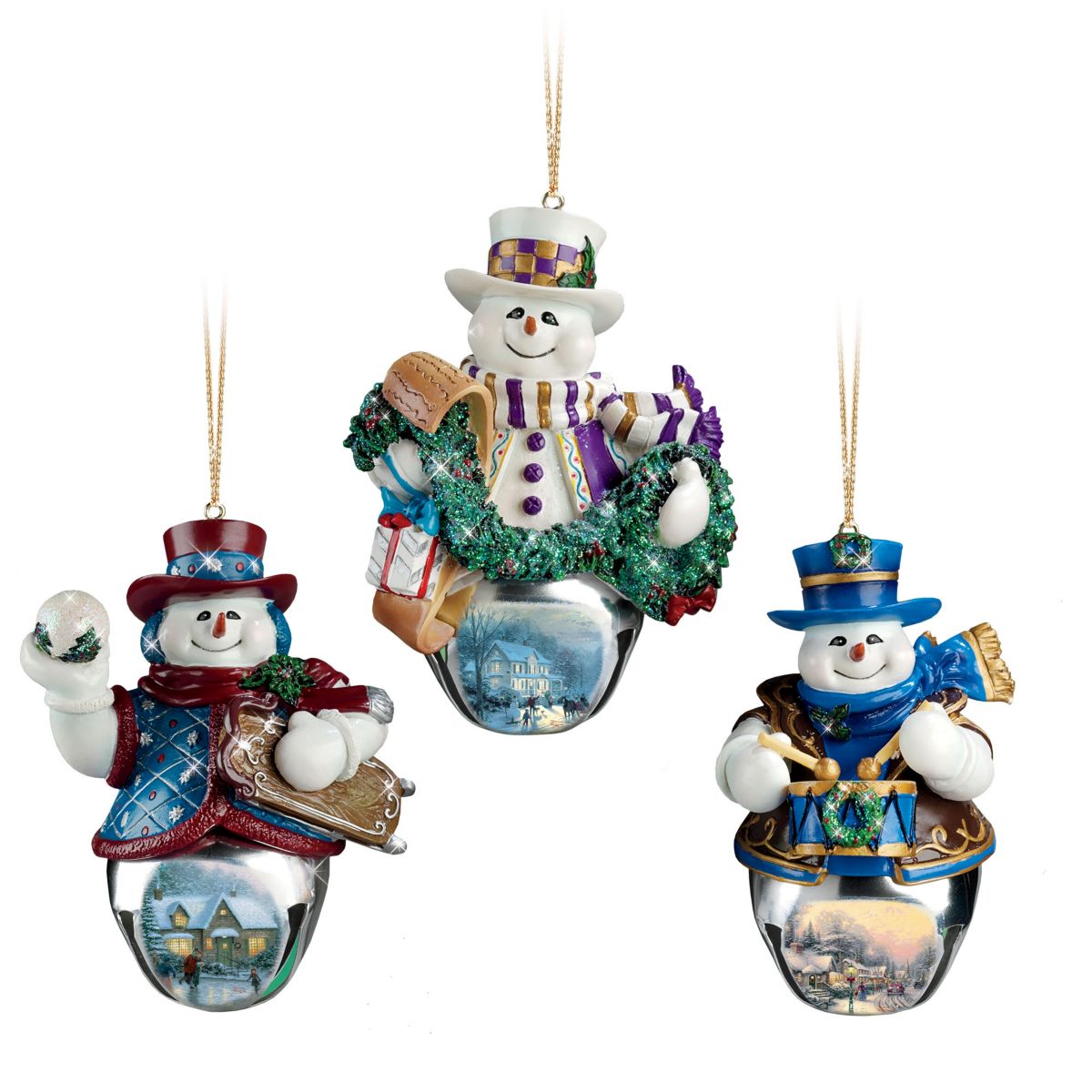 Thomas Kinkade 'Christmas Bells' Snowman Bell Ornaments 2
