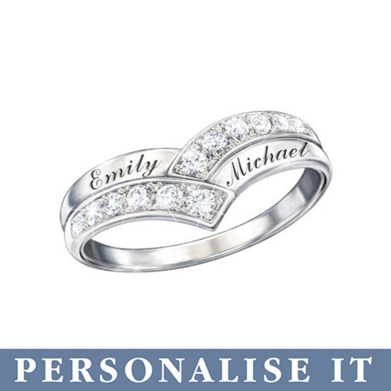 Love Personalised Rhodium-Plated Diamond Ladies' Ring: 'Love ...