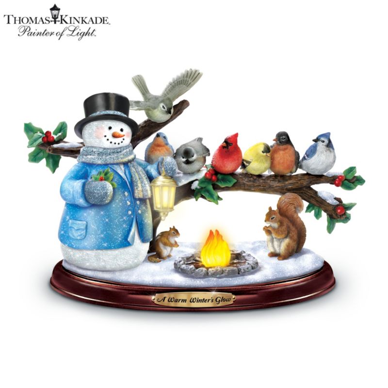 Thomas Kinkade Lighted Musical Snowman & Songbird Sculpture