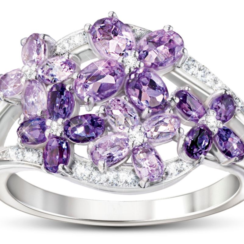 Sterling Silver Ring With Oval Amethyst & White Topaz Side Stones - February Birthstone Jewelry, Size 8