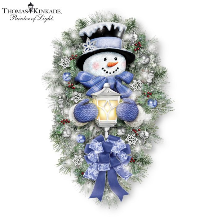 \'A Illuminated Thomas Illuminated Kinkade Licensed Winter Officially Snowman Warm Wreath: Wreath Welcome\' Sowman