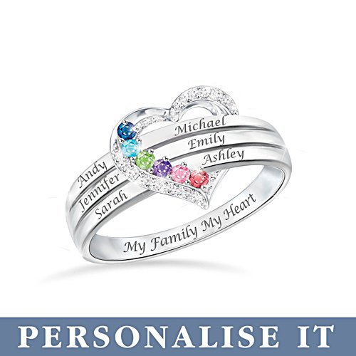 'My Family, My Heart' Personalised Name And Birthstone Ladies' Ring