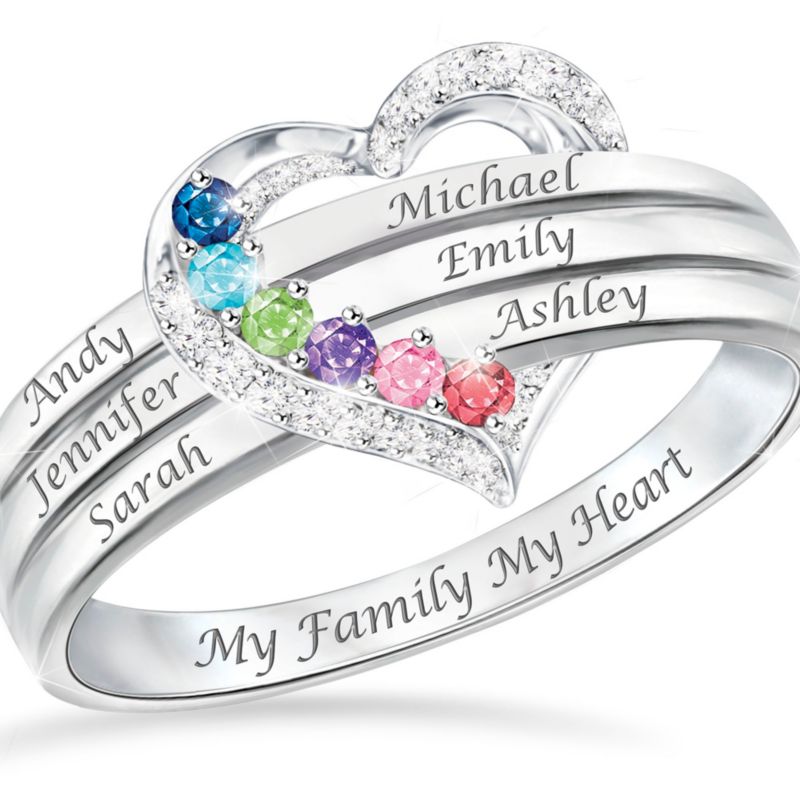 Family Rings Custom Names Sterling Silver Organic Leaf Five Stone