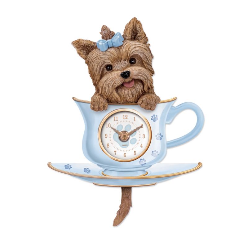'Yorkie Pup In A Cup' Wagging Tail Wall Clock