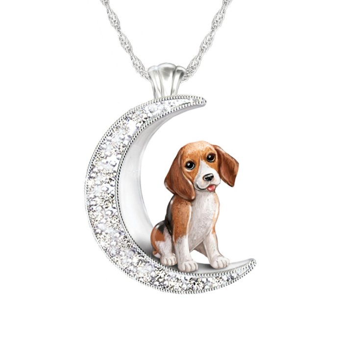 Beagle Dogs Pets Swarovski Crystals Silver Moon Ladies\' Pendant Necklace:  \'I Love My Beagle To The Moon And Back\' Ladies\' Pendant