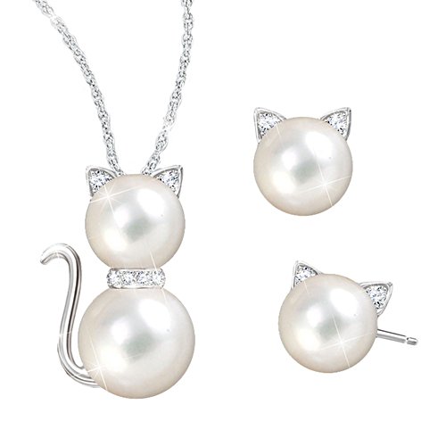 'Purrfect Cat' White Freshwater Pearl Pendant & Earrings Set