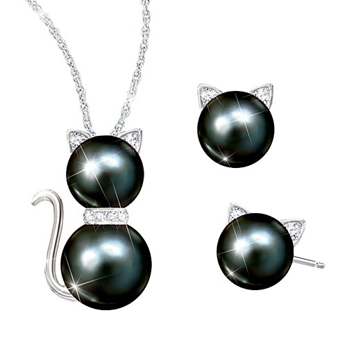 Katt-klenod - Smycke-set med svarta, sötvattensodlade pärlor