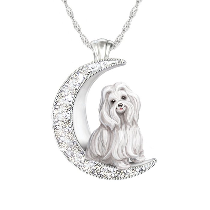 Maltese Dogs Pets Swarovski Crystals Silver Moon Ladies' Pendant Necklace:  'I Love My Maltese To The Moon And Back' Ladies' Pendant