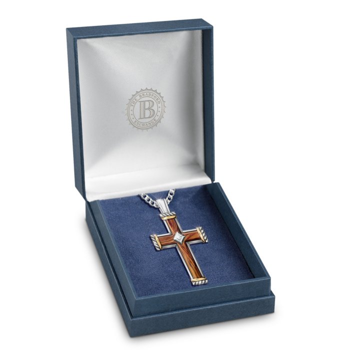 Pendant Gold-Plated Cross Faith Solid 24-Carat Inlay Diamond Religion Wood Stainless Olive Pendant Men\'s Steel Necklace: Faith\' \'Rooted Men\'s In Diamond Religious