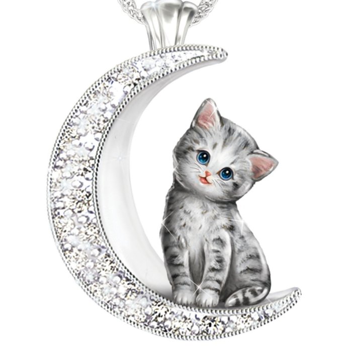 Grey Cat Kitten Crystal Rhodium-Plated Moon Ladies' Pendant Necklace: 'My  Beloved Kitten' Grey Cat Moon Ladies' Pendant