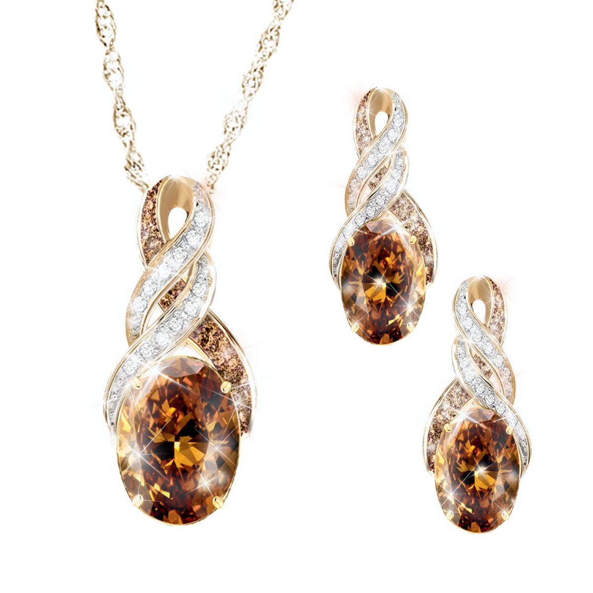 'Amour' Cocoa Quartz & Diamond Pendant & Earrings Set