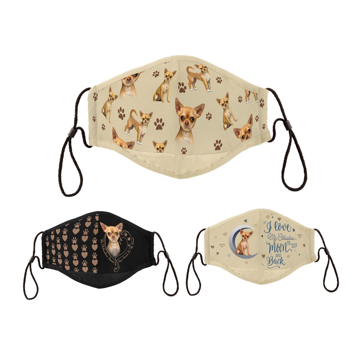 'Chihuahua Love' Dog Art Antibacterial Adult Face Mask Set