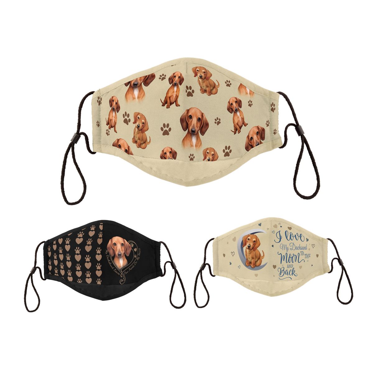 'Dachshund Love' Dog Art Antibacterial Adult Face Mask Set