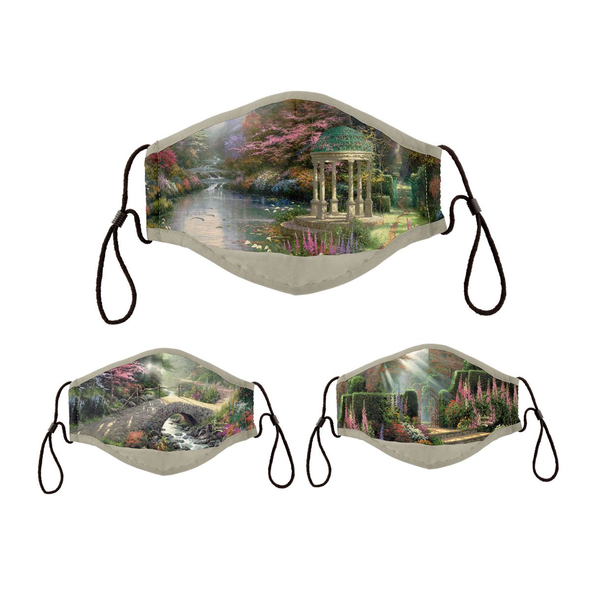 Thomas Kinkade 'Gardens Of Paradise' Antibacterial Adult Face Mask Trio Set