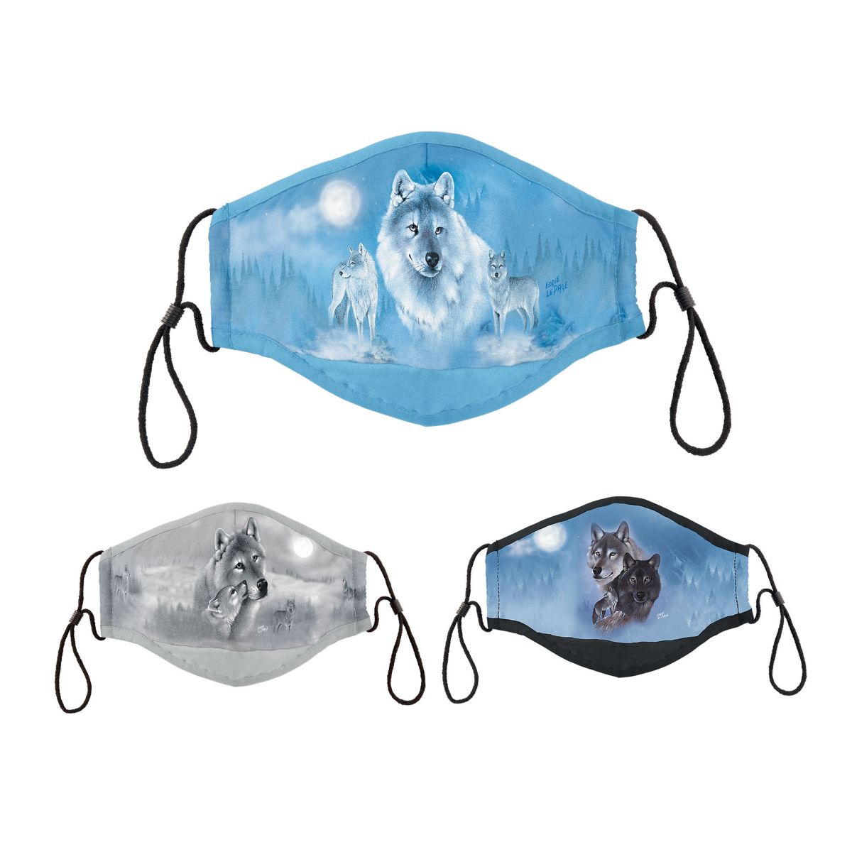 Eddie LePage 'Wild Spirits' Wolf Antibacterial Adult Face Mask Trio Set