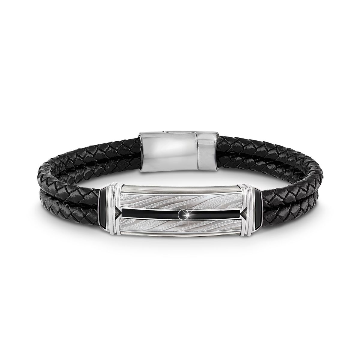 Damascus Forged Steel Leather Men's Bracelet