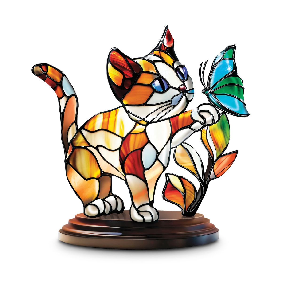 Lighted Crystalline Stained-Glass-Inspired Cat Sculpture