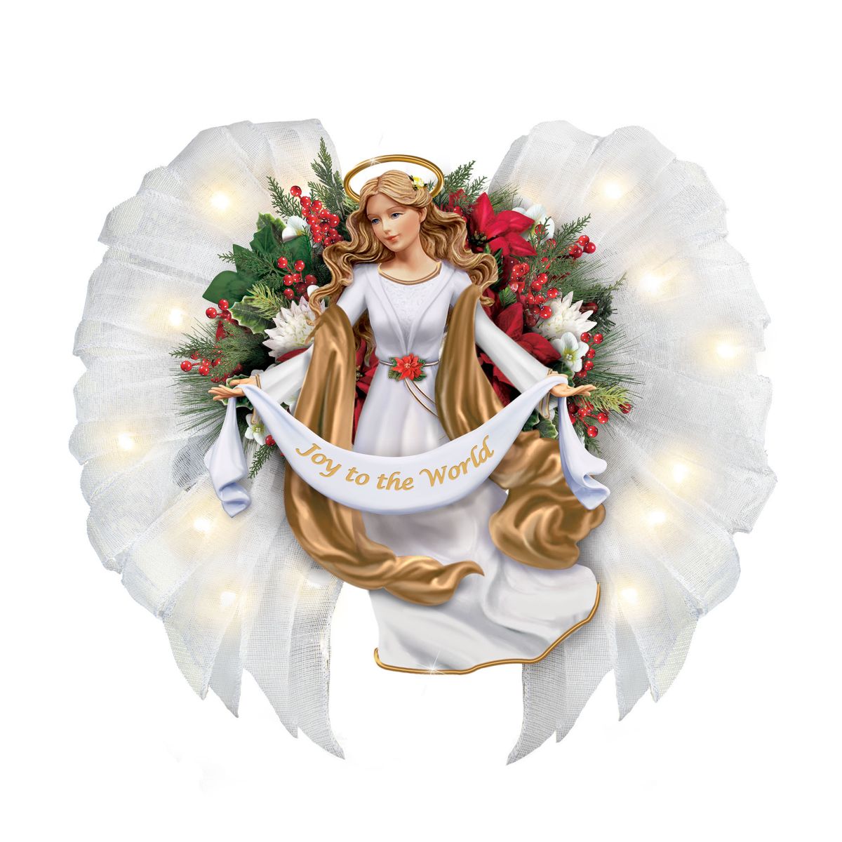 'Joy To The World' Sculpted Angel Illuminated Wreath With Gossamer Fabric Wings