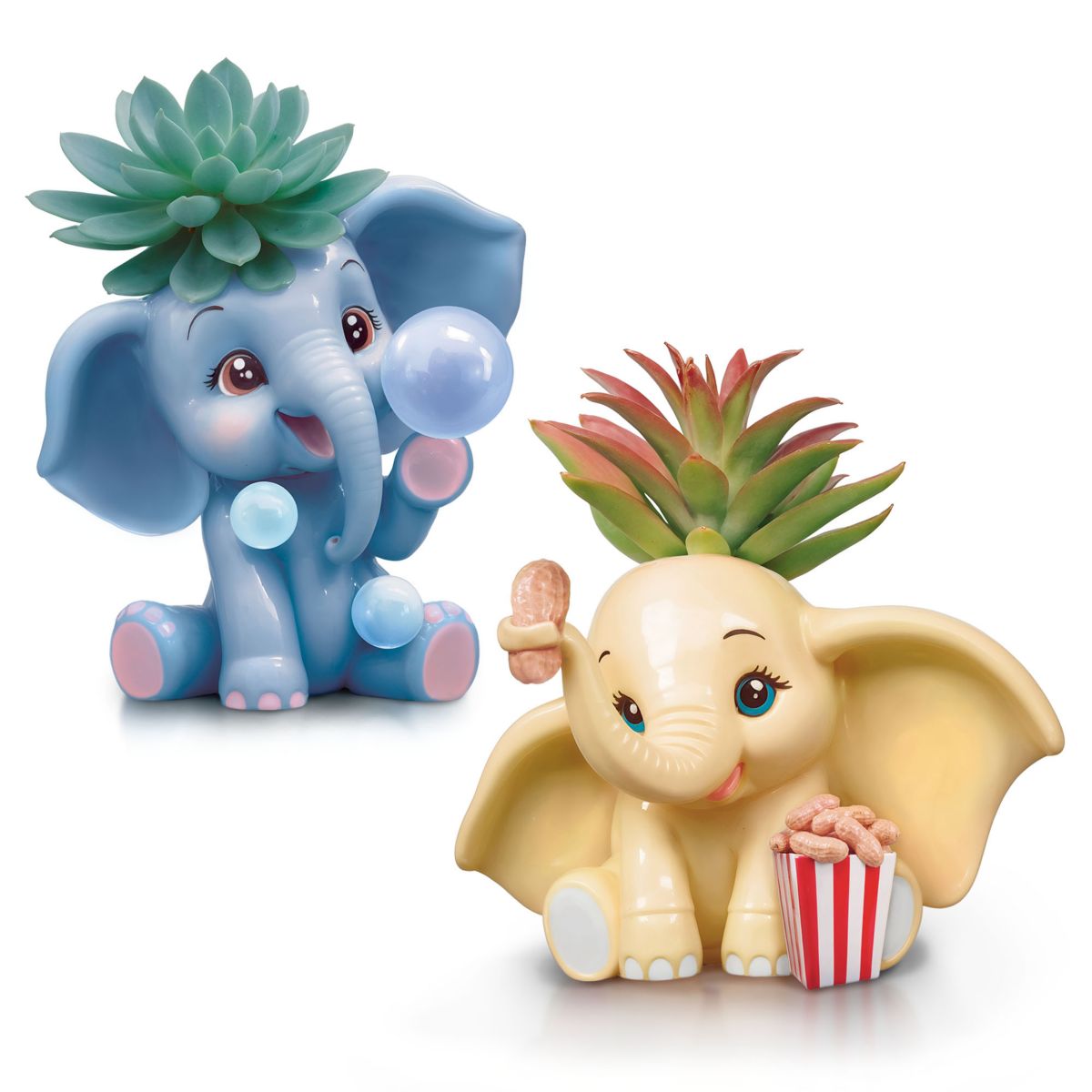 Unforgettable Elephants 'Bubbles & Peanut' Sculptural Planters With Artificial Succulents