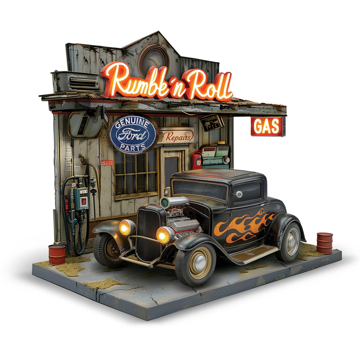 1:43-Scale Ford Hot Rod Car Sculpture and 'Rumble 'n Roll' Garage Display