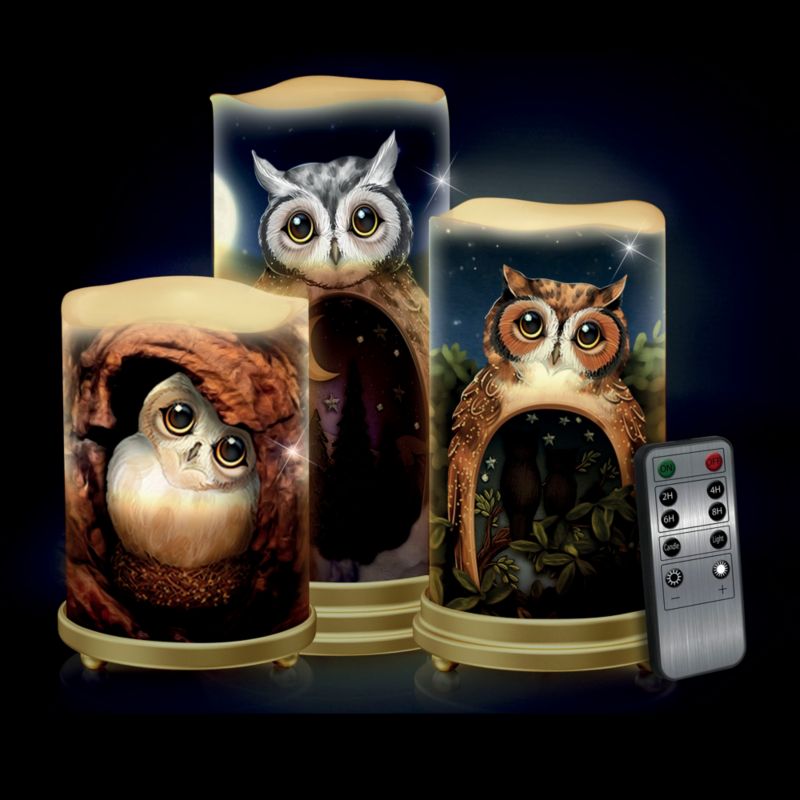 'In The Face Of The Night' Owl Flameless Candle Set