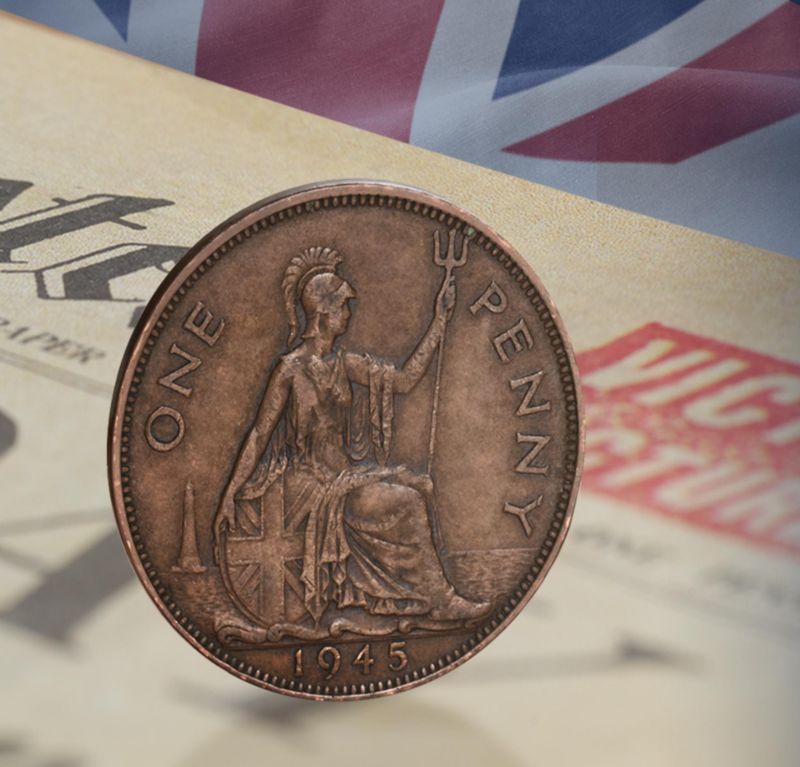 The 1945 Victory Penny &amp; Newspaper Set  