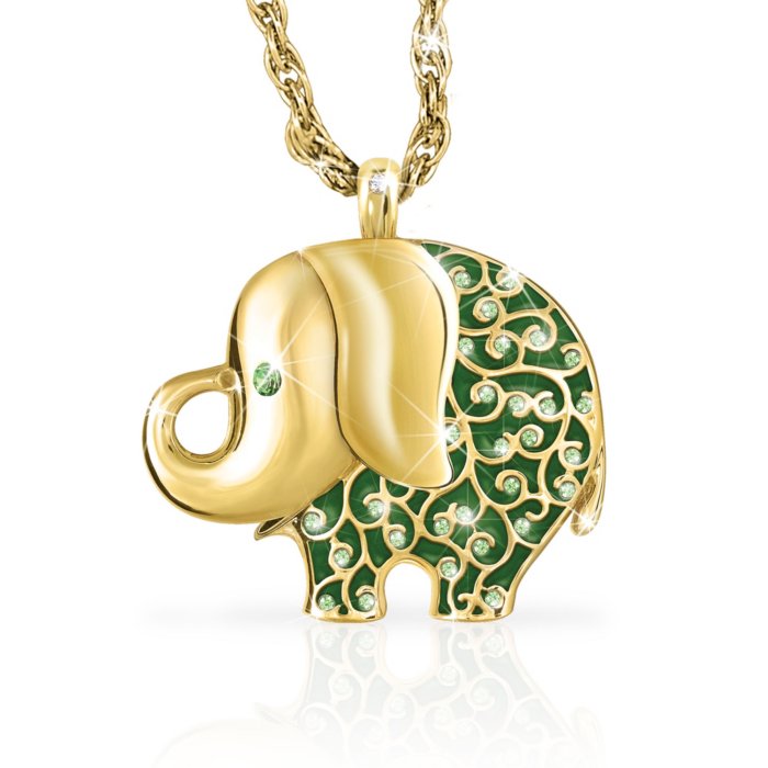 Good Fortune Luck Elephant Diamond Pendant \'Fortune\'s Ladies\' Necklace: Crystal Diamond Elephant Swarovski Smile\' Pendant Gold-Plated