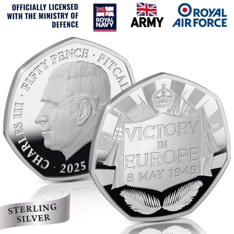 The VE Day 80th Anniversary Silver Proof Fifty Pence Coin